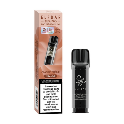 Pack de 2 Pods Elfa Pro Classic Crème 2ml d'ELFBAR. Compatible avec l'Elfa Pro, disponible en 00mg, 10mg et 20mg de nicotine. Vendu chez CBDeer