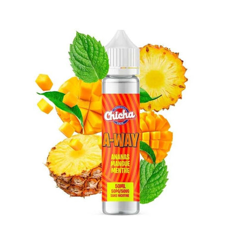 Flacon de e-liquide A-WAY 50ml Chicha Vape – Saveur Ananas, Mangue et Menthe.