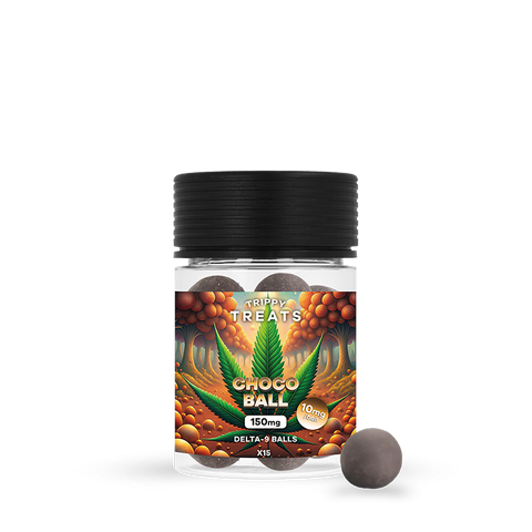 Boîte de Choco Delta 9 10mg - Trippy Ball de Trippy Treats, billes de chocolat infusées au THC, 15 unités par boîte.