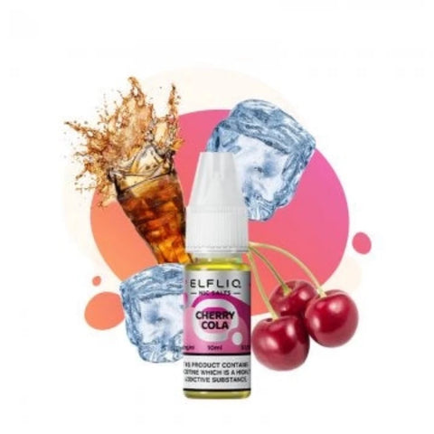 Visuel du liquide sel de nicotine Cherry Cola provenant de la marque Elfbar et vendu chez CBDeer. Voici la boisson mythique Cola cerise version Elfliq, un véritable délice. Contenance 10ml avec un dosage de 10mg ou 20mg.