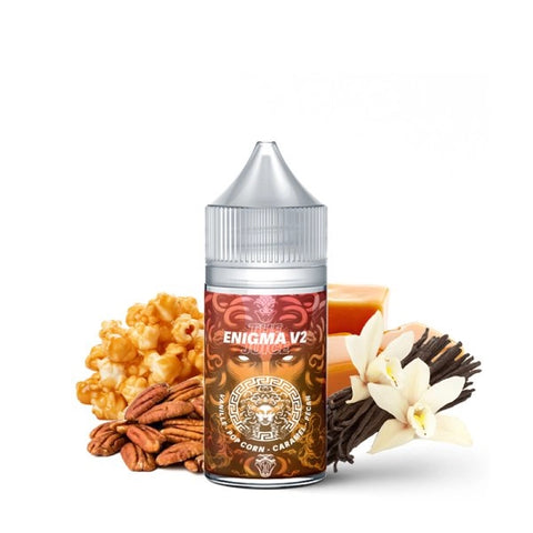 Découvrez le concentré Enigma 30ml par The MDS Juice : un mix gourmand de vanille, pop-corn, caramel et noix de pécan. À diluer avant utilisation.