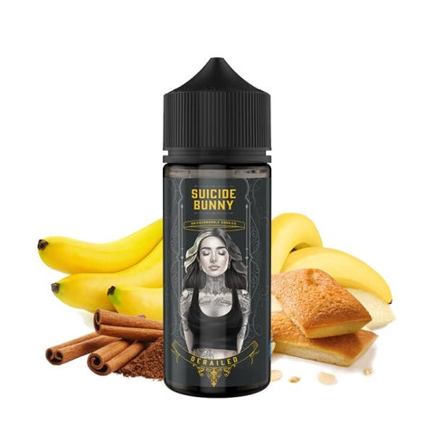 Flacon de e-liquide Derailed 100ml 0mg – Saveurs biscuit chaud, banane et cannelle – Suicide Bunny Reimagined