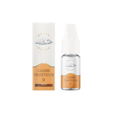 Visuel du e-liquide Globe Trotteur provenant de la marque petit nuage et vendu chez CBDeer. Un liquide pret a vaper en 10ml au bon goût de tabac blond avec plusieurs dosages de nicotine. Pas cher: 4,90€