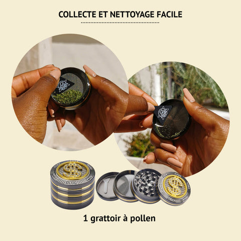 Visuel du grinder dollar bling bling provenant de la marque CHAMP HIGH et vendu chez CBDeer. Un grinder de luxe équipé de 28 dents en losanges qui permettent de broyer efficacement vos fleurs.