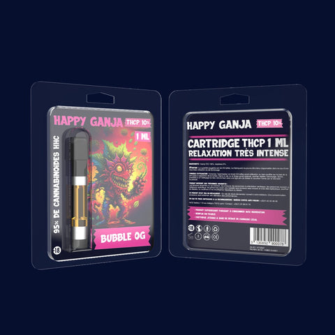 Visuel de la cartouche THCP Bubble Og provenant de la marque Happy Ganja et vendue par CBDeer. Une cartouche contenant 10% de THCP pour une relaxation très intense. 