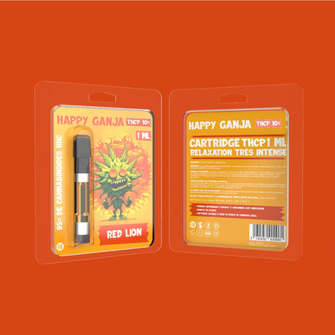 Visuel de la cartouche THCP Red Lion provenant de la marque Happy Ganja et vendue par CBDeer. Une cartouche contenant 10% de THCP pour une relaxation très intense. 