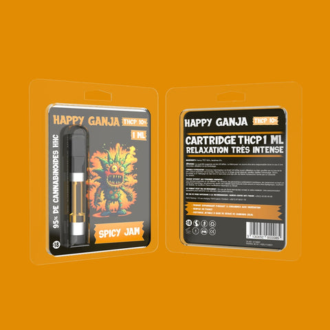 Visuel de la cartouche THCP Spicy Jam provenant de la marque Happy Ganja et vendue par CBDeer. Une cartouche contenant 10% de THCP pour une relaxation très intense. 