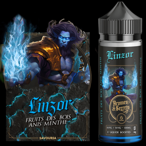 Flacon de e-liquide LINZOR 100ML – Arômes et Secrets by Savourea, saveurs fruits des bois, anis et menthe