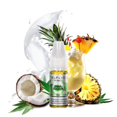 Visuel du liquide sel de nicotine Pina Colada provenant de la marque Elfbar et vendu chez CBDeer.  Le célèbre cocktail composé d'ananas et de noix de coco façon Elfliq. Contenance 10ml avec un dosage de 10mg ou 20mg. 