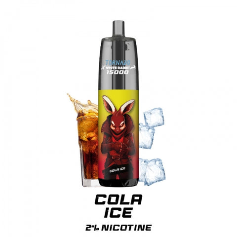 Visuel de la Puff Tornado 15000 - RandM x White Rabbit vendu chez CBDeer, saveur Cola Ice, avec 2% de nicotine, offrant jusqu'à 15 000 bouffées, alliant le goût pétillant du cola à une fraîcheur glacée.
