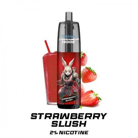 Visuel de la puff Puff Strawberry Slush vendu chez CBDeer Tornado 15000 - RandM x White Rabbit, saveur fraise granité, 2% de nicotine, offrant jusqu'à 15 000 bouffées avec e-liquide saveur fraise granité.