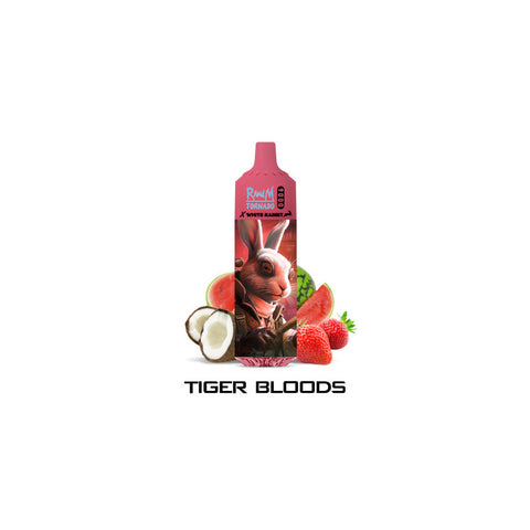 Visuel de la puff 9000 TIGER BLOOD TORNADO provenant de la marque White Rabbit et vendu chez cbdeer. Un puff contenant 9000 bouffées au bon gout de Fraise, Coco, Pastèque.