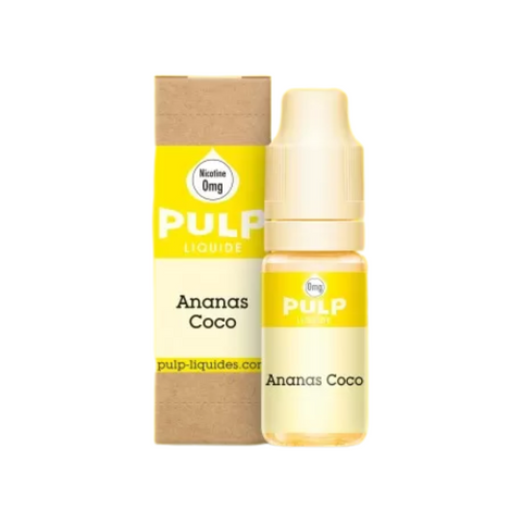 E-liquide Ananas Coco 10ml de Pulp, un mélange tropical d’ananas juteux et de noix de coco sucrée. Disponible en 0, 3, 6 et 12 mg de nicotine, fabriqué en France !