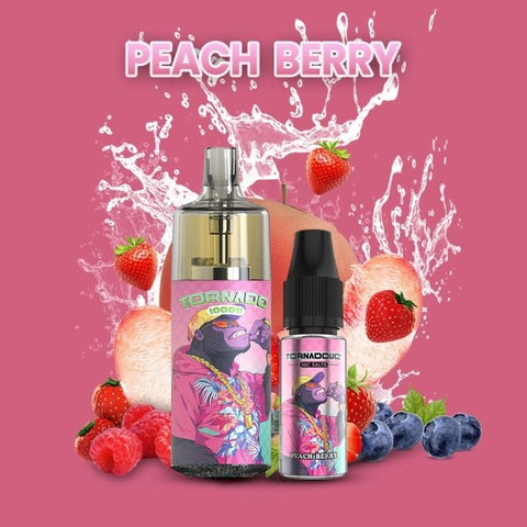 Découvrez la Tornado 10000 Peach Berry, une puff 100% légale avec une saveur délicieuse de pêche et baies fruitées. 10ml – 10 000 bouffées, rechargeable USB-C, et effets lumineux RGB désactivables. Fabriquée par Gobar.