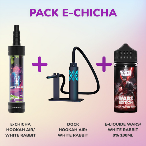 Visuel du Pack E-Chicha Hookah Air -White Rabbit vendu chez CBDeer. Comprenant une e-chicha élégante, un dock stable, et un e-liquide WARS Edition 0% 100ml au choix parmi plusieurs saveurs, le tout disponible en différentes couleurs : rouge, bleu, gold, noir, et gunmetal.