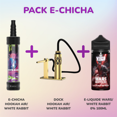 Visuel du Pack E-Chicha Hookah Air -White Rabbit vendu chez CBDeer. Comprenant une e-chicha élégante, un dock stable, et un e-liquide WARS Edition 0% 100ml au choix parmi plusieurs saveurs, le tout disponible en différentes couleurs : rouge, bleu, gold, noir, et gunmetal.