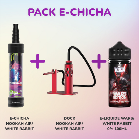 Visuel du Pack E-Chicha Hookah Air -White Rabbit vendu chez CBDeer. Comprenant une e-chicha élégante, un dock stable, et un e-liquide WARS Edition 0% 100ml au choix parmi plusieurs saveurs, le tout disponible en différentes couleurs : rouge, bleu, gold, noir, et gunmetal.