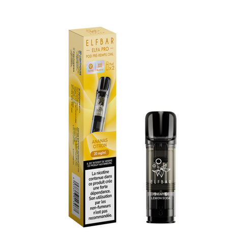 Pack de 2 Pods Elfa Pro Ananas Citron 2ml d'ELFBAR. Compatible avec l'Elfa Pro, disponible en 00mg, 10mg et 20mg de nicotine, vendu chez CBDeer