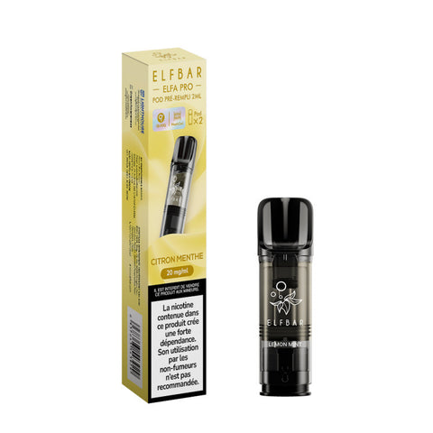 Pack de 2 Pods Elfa Pro Citron Menthe 2ml d'ELFBAR. Compatible avec l'Elfa Pro, disponible en 00mg, 10mg et 20mg de nicotine, vendu chez CBDeer