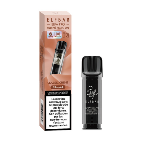 Pack de 2 Pods Elfa Pro Classic Crème 2ml d'ELFBAR. Compatible avec l'Elfa Pro, disponible en 00mg, 10mg et 20mg de nicotine. Vendu chez CBDeer 