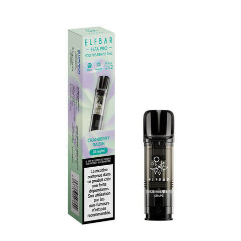 Pack de 2 Pods Elfa Pro Cranberry Raisin 2ml d'ELFBAR. Compatible avec l'Elfa Pro, disponible en 00mg, 10mg et 20mg de nicotine, vendu chez CBDeer