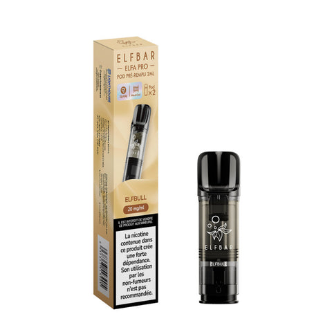 Pack de 2 Pods Elfa Pro Elfbull 2ml d'ELFBAR. Compatible avec l'Elfa Pro, disponible en 00mg, 10mg et 20mg de nicotine, vendu chez CBDeer