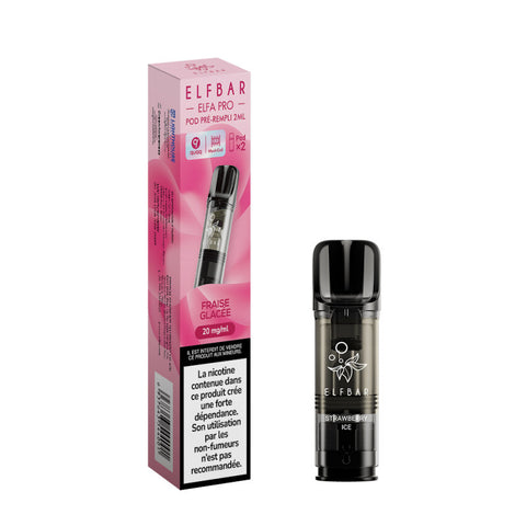 Pack de 2 Pods Elfa Pro Fraise Glacée 2ml d'ELFBAR. Compatible avec l'Elfa Pro, disponible en 00mg, 10mg et 20mg de nicotine, vendu chez CBDeer