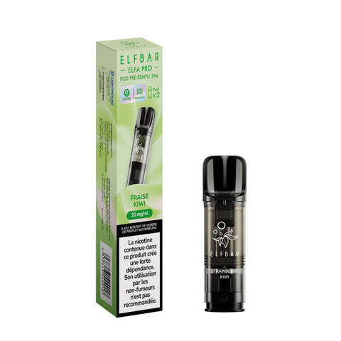 Pack de 2 Pods Elfa Pro Fraise Kiwi 2ml d'ELFBAR. Compatible avec l'Elfa Pro, disponible en 00mg, 10mg et 20mg de nicotine, vendu chez CBDeer