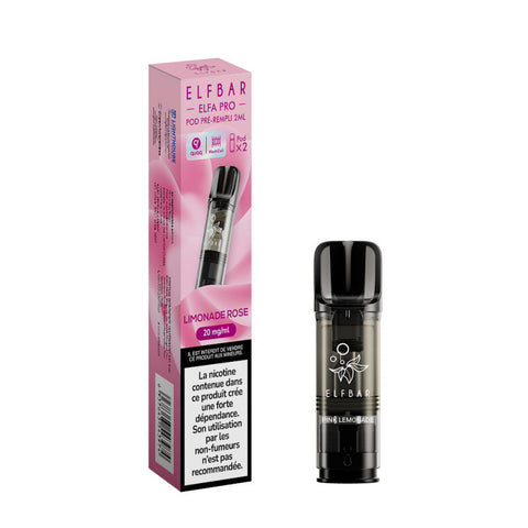 Pack de 2 Pods Elfa Pro Limonade Rose 2ml d'ELFBAR. Compatible avec l'Elfa Pro, disponible en 00mg, 10mg et 20mg de nicotine, vendu chez CBDeer