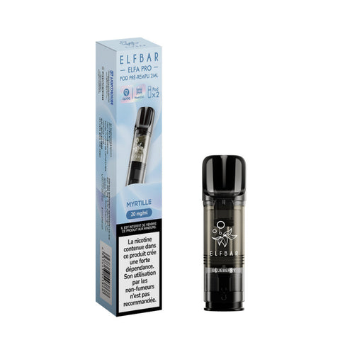 Pack de 2 Pods Elfa Pro Myrtille 2ml d'ELFBAR. Compatible avec l'Elfa Pro, disponible en 00mg, 10mg et 20mg de nicotine, vendu chez CBDeer