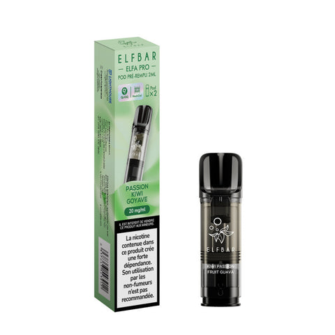 Pack de 2 Pods Elfa Pro Passion Kiwi Goyave 2ml d'ELFBAR. Compatible avec l'Elfa Pro, disponible en 00mg, 10mg et 20mg de nicotine, vendu chez CBDeer