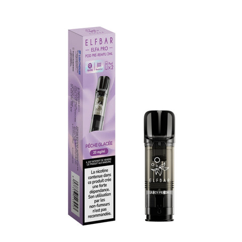 Pack de 2 Pods Elfa Pro Pêche Glacée 2ml d'ELFBAR. Compatible avec l'Elfa Pro, disponible en 00mg, 10mg et 20mg de nicotine, vendu chez CBDeer