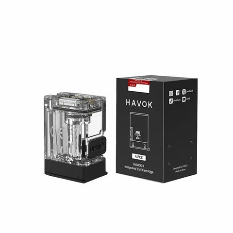 Pack de 4 cartouches Havok R 0.6Ω - Uwell avec capacité de 3ml, résistance en mesh intégrée et technologie Pro-FOCS pour un rendu des saveurs exceptionnel.