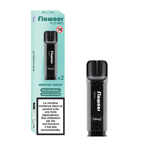 Découvrez la cartouche Menthe Verte Flawoor Pod Pro, une saveur fraîche et naturelle. Compatible Flawoor, Elfa Pro, Tappo Air & Wilo. 2x2ml – Jusqu’à 1200 bouffées.