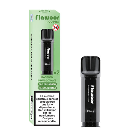 Découvrez les cartouches Passion Kiwi Goyave Flawoor Pod Pro, un mélange exotique et rafraîchissant. Compatible Flawoor, Elfa Pro, Tappo Air & Wilo. 2x2ml – Jusqu’à 1200 bouffées.