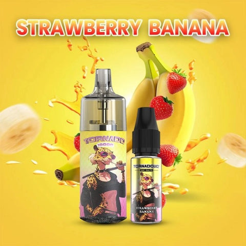 Découvrez la Tornado 10000 Strawberry Banana, une puff 100% légale avec une saveur délicieuse de fraises sucrées et banane crémeuse. 10ml – 10 000 bouffées, rechargeable USB-C, et effets lumineux RGB désactivables. Fabriquée par Gobar.