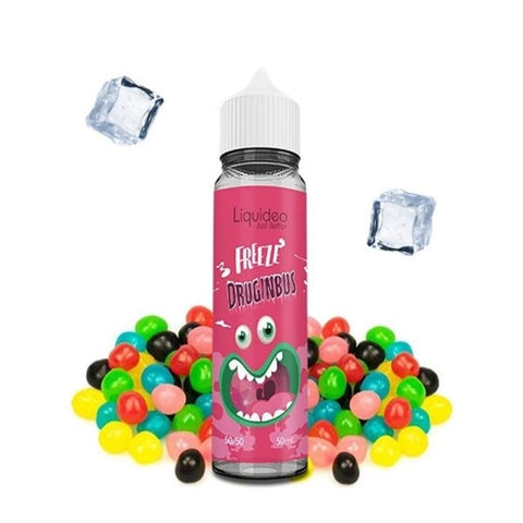 Flacon de e-liquide Freeze Druginbus 0mg 50ml - Liquideo Freeze, saveur dragée colorée et fraîcheur
