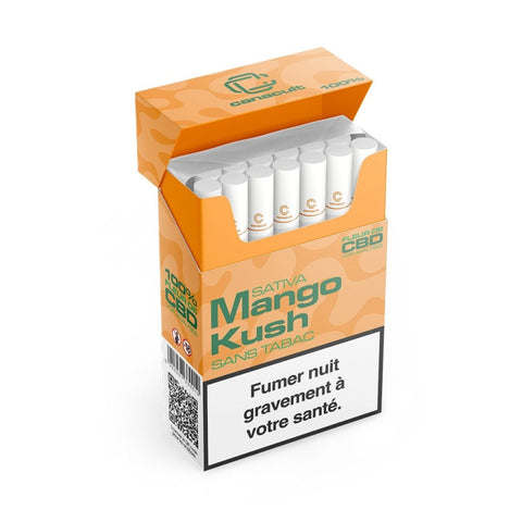 Photo d'un paquet de 20 pré-roulés MANGO KUSH de la marque CANACULT, présentant des cigarettes pré-roulées en chanvre 100% naturel. Le paquet est illustré avec un design moderne, mettant en avant les mentions "sans tabac" et "sans nicotine", ainsi que le goût fruité de mangue caractéristique de la variété Mango Kush.