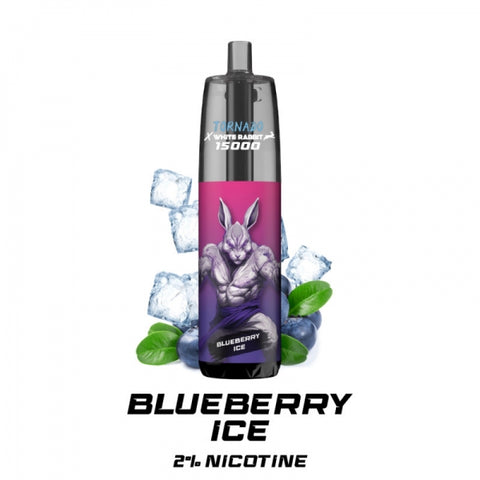 Visuel de la Puff Tornado 15000 - RandM x White Rabbit vendu chez CBDeer, saveur Blueberry Ice, avec 2% de nicotine, offrant jusqu'à 15 000 bouffées, alliant la douceur des myrtilles à une note glacée.