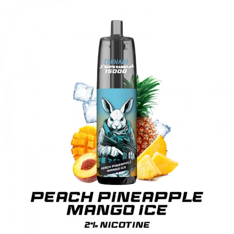 Visuel de la puff Puff Tornado 15000 - RandM x White Rabbit vendu chez CBDeer, saveur Peach Pineapple Mango Ice, 2% de nicotine, jusqu'à 15 000 bouffées avec e-liquide saveur pêche, ananas, mangue et fraîcheur glacée.