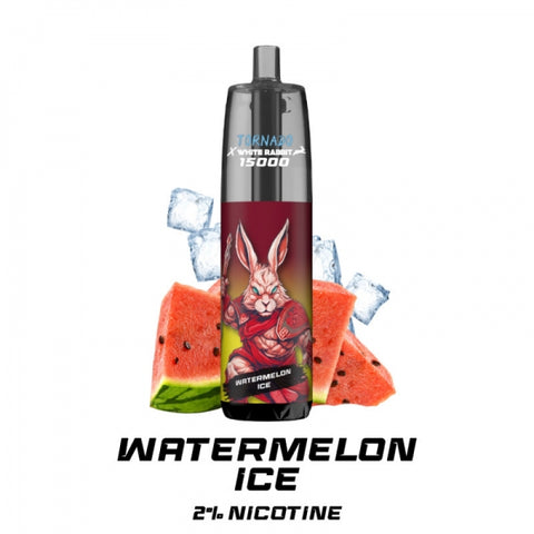 Visuel de la Puff Tornado 15000 - RandM x White Rabbit vendu chez CBDeer, saveur Watermelon Ice, avec 2% de nicotine, offrant jusqu'à 15 000 bouffées, combinant la douceur de la pastèque et la fraîcheur glacée.