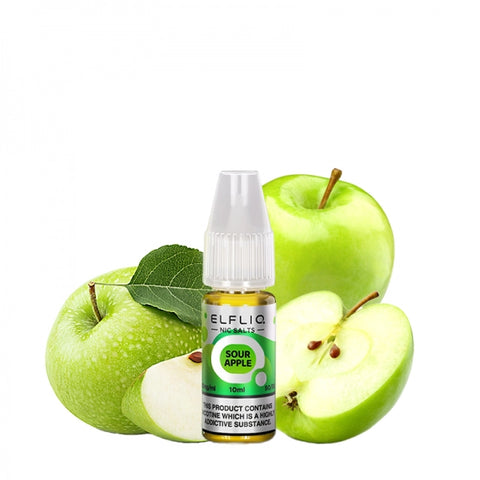 Visuel du liquide sel de nicotine sour apple provenant de la marque Elfbar et vendu chez  CBDeer. De la pomme légèrement acidulée très savoureuse. Contenance 10ml avec un dosage de 10mg ou 20mg. 