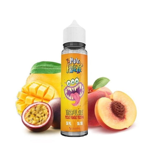 Flacon de e-liquide Tireboulette Pêche Mangue Passion 0mg 50ml - Liquideo Multifreeze, saveur fruitée tropicale et fraîche