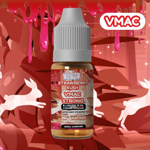 Visuel du Flacon e-liquide strawberry kush VMAC Strong 10ml de la marque White Rabbit vendu chez CBDeer, saveur chanvre Amnesia et effets puissants 