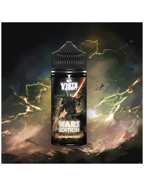 Visuel du e-liquide Mango Passion WARS Edition 100ml de White Rabbit vendu chez CBDeer. Un mélange tropical de mangue et de fruit de la passion, sans nicotine, avec un équilibre parfait PG/VG 50/50